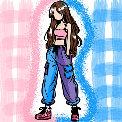 girl in baggy pants crop top and long hair