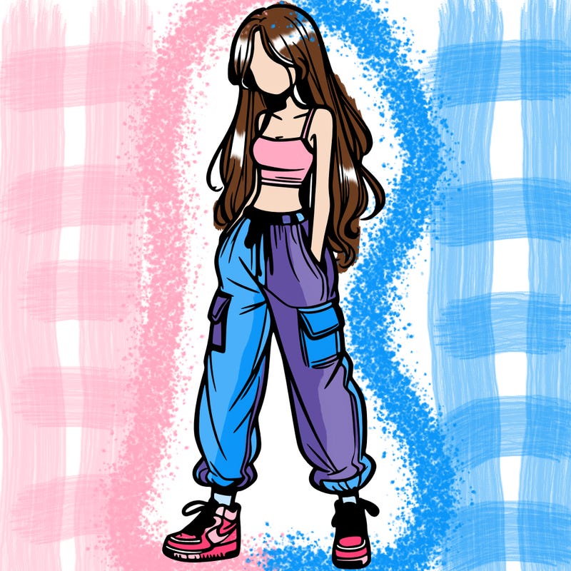 girl in baggy pants crop top and long hair