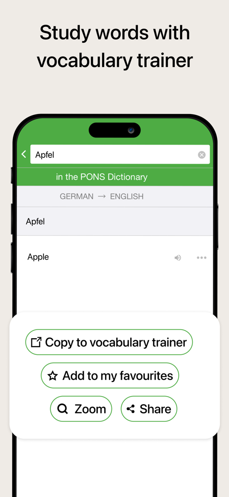 PONS Translate & Dictionary - Interfaccia dell'app PONS Traduttore che mostra opzioni per copiare una traduzione dal tedesco all'inglese nel trainer di vocabolario.