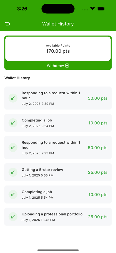 QwickServices Provider - Wallet history screen of QwickServices Provider app showing available points and a list of earned rewards for completing jobs and receiving reviews.