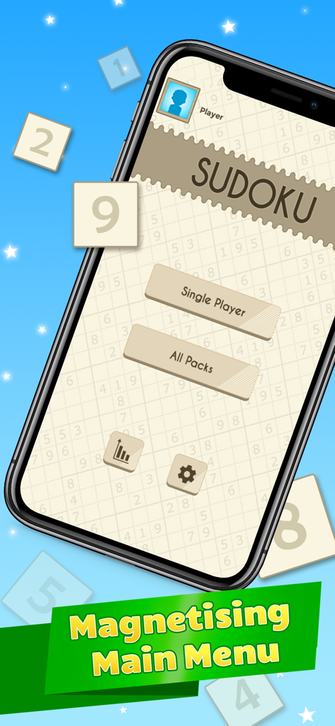 Sudoku IQ - Train your Brain - Main menu of Sudoku IQ on an iPhone featuring single player and all packs buttons with a magnetising background