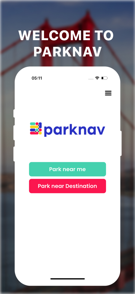 Parknav Parking app welcome screen with buttons to find parking near me or at a destination