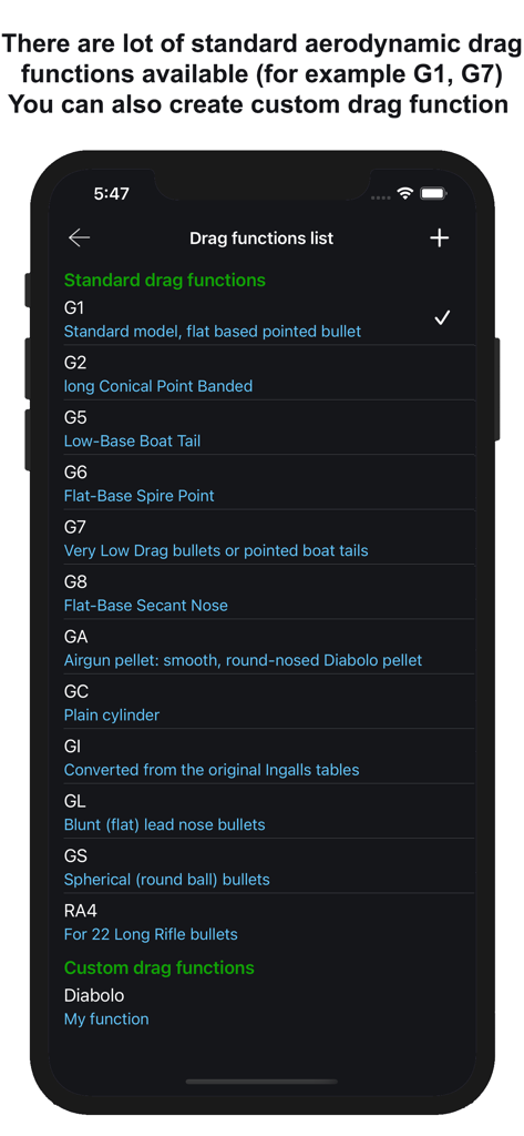 Chairgun Elite Ballistic Tool - Mobile screen showing a list of standard and custom aerodynamic drag functions for ballistic calculations