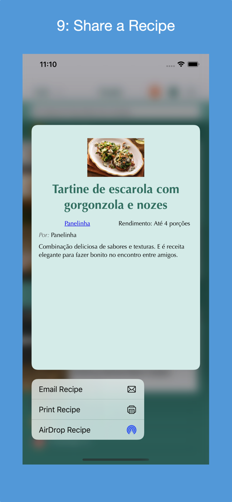 A screenshot of the Recipe Collector app showing the share menu with options to Email, Print, and AirDrop a recipe.