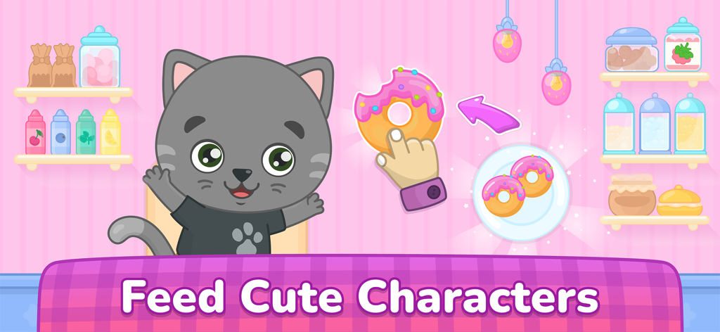 Kids Cooking: Toddler Games - Una mano che dà una ciambella rosa a un simpatico gatto grigio in una cucina colorata.