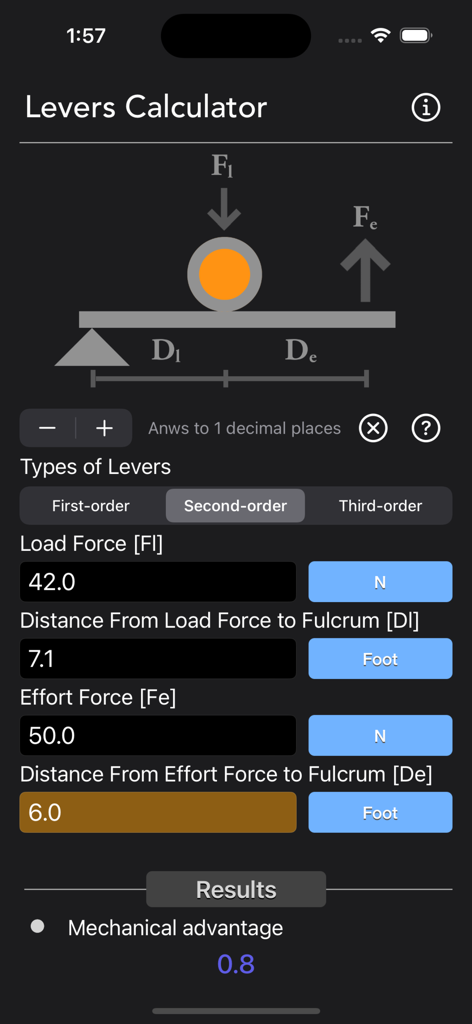Levers Calculator - Levers Calculator app interface showing mechanical advantage calculation for a second order lever