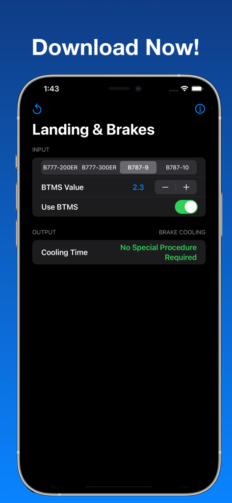 B777/787 Landing & Brake Tool - B777 and B787 landing and brake tool user interface in dark mode
