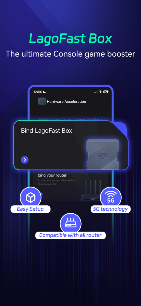 LagoFast Box hardware acceleration for console gaming performance with 5G technology and easy setup.