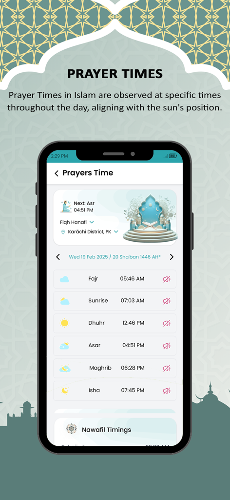 Islamuna: Prayer, Ramadan, Dua - Islamuna mobile app interface displaying daily prayer times and next prayer alert