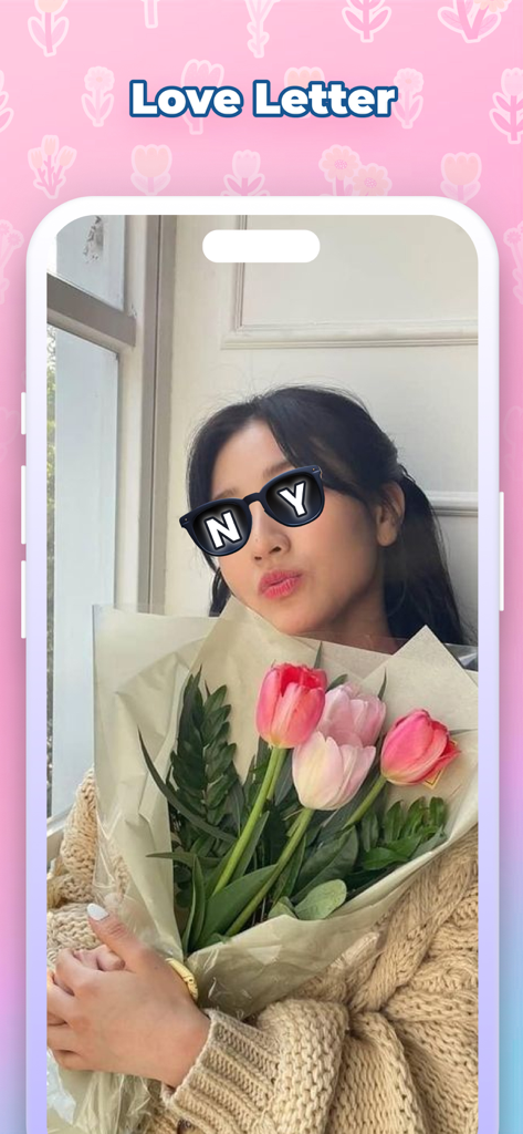 Love Tester: Prediction Filter - A girl holding a bouquet of tulips while using a love prediction filter that displays initials on her sunglasses