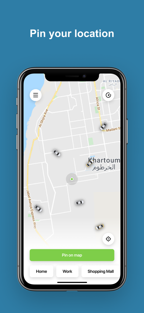 Tirhal - Tirhal app interface showing a map of Khartoum with available cars and a pin your location button