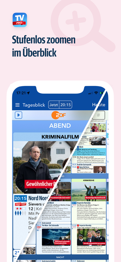 TV Pro TV-Programm + Mediathek - A split screen comparison of the TV Pro app showing the seamless zoom feature for the German TV program guide.