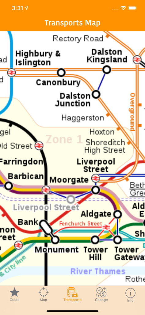London Map and Travel Guide - 리버풀 스트리트 및 타워 힐과 같은 지하철 및 지상철 역을 포함한 상세 런던 교통 지도