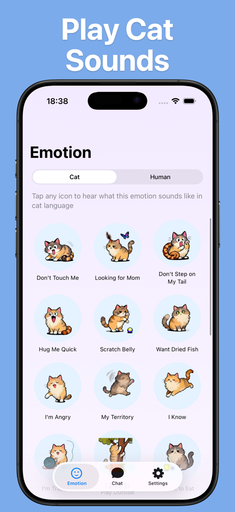 Cat Translator & Talk: Meowly - Interfaz de la aplicación Meowly que muestra un panel de sonidos de emociones de gatos con íconos de dibujos animados interactivos