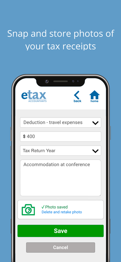 Etax app interface for recording travel expenses and saving receipt photos