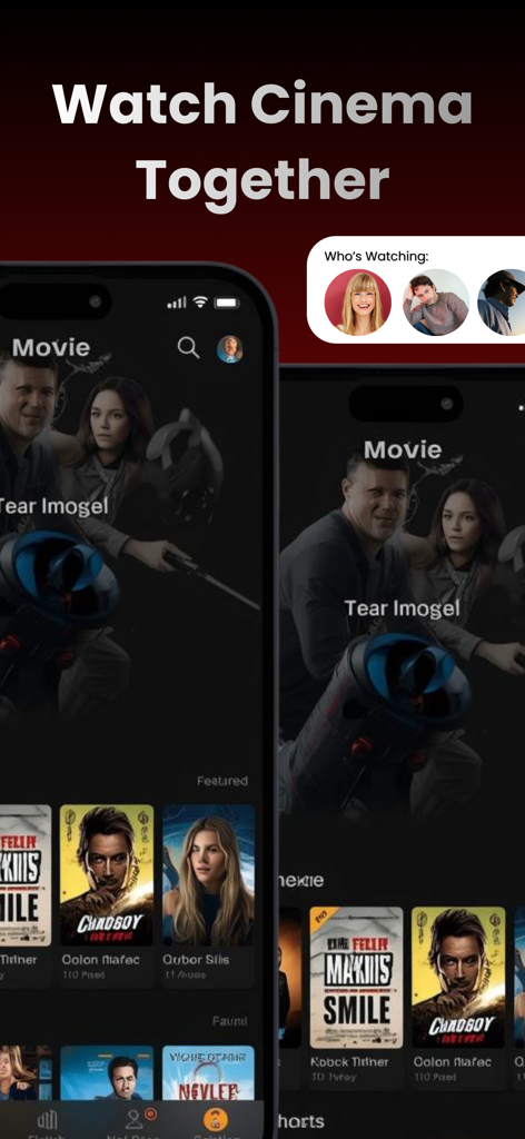 Interface do aplicativo RAVE exibindo o recurso de assistir cinema juntos com pôsteres de filmes e perfis de usuários.