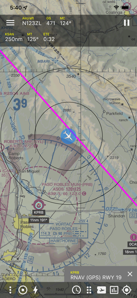 ZuluLog Pilot Logbook and EFB - Screenshot of ZuluLog EFB app showing an aviation navigation chart with aircraft position and flight path