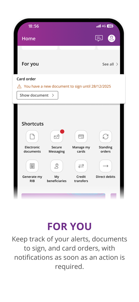 Panel de la aplicación de banca móvil BILnet que muestra notificaciones de firmas de documentos y atajos financieros