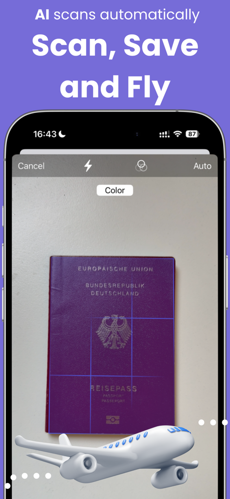 Smartphone screen using AI to scan a passport in the TravelDocs app