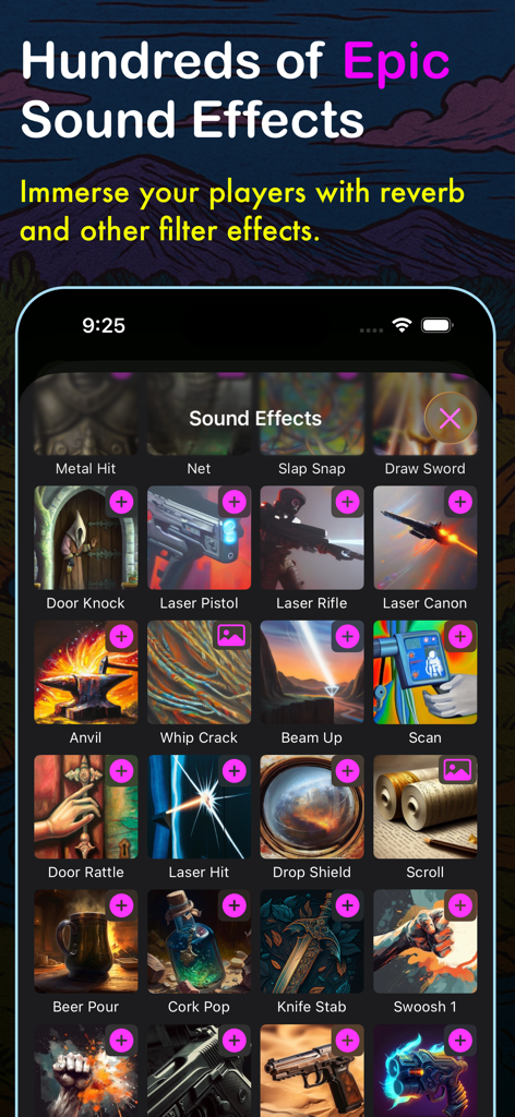A soundboard interface within the Summoning Stone app featuring a grid of sound effect icons for tabletop RPG games including laser pistols, door knocks, and magic scrolls.