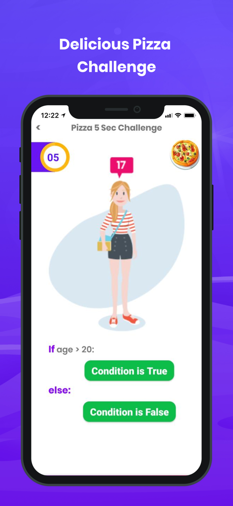 Programming Hero: Coding Fun - A mobile screen from Programming Hero app showing a 5-second pizza challenge where users solve if-else coding logic.