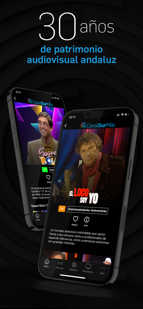 Two smartphones displaying the CanalSur Mas app with classic Andalusian TV programs and a headline about 30 years of heritage.