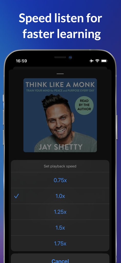 Anyplay app interface showing customizable playback speed options for an audiobook