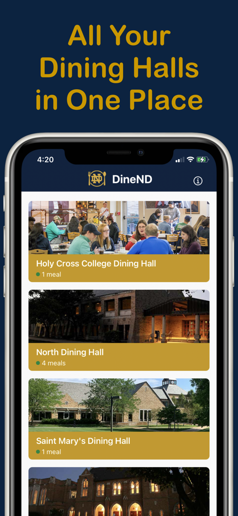 DineND - DineND mobile app interface showing a list of Notre Dame campus dining halls