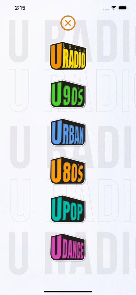 U Radio - Liste des chaînes de radio web disponibles dans l'application U Radio, présentant des genres tels que la pop et la dance des années 80 et 90