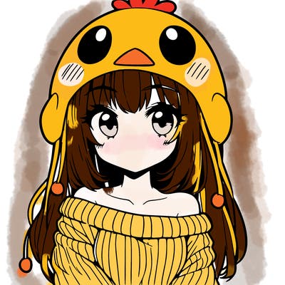 anime girl with chick shaped hat with sweater with bare shoulders with bangs covering them one eye with low tail