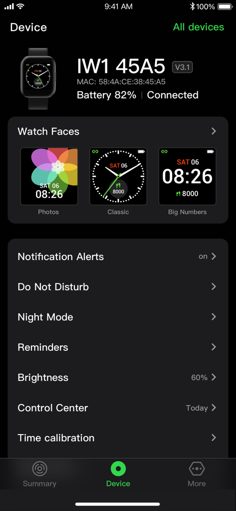 Letsfit - Letsfit app device management screen displaying smartwatch status, watch face options, and notification settings.