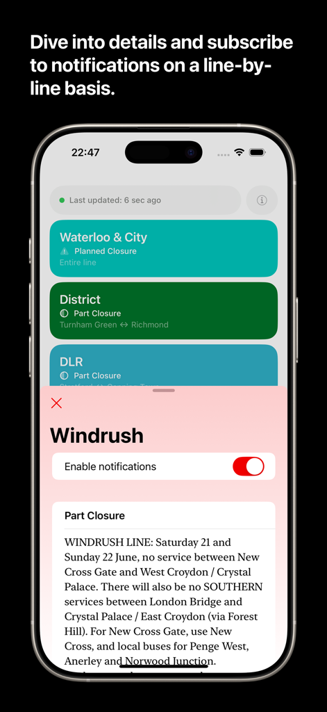 Interfaccia dell'app Lucid Underground che mostra i dettagli dello stato delle linee di trasporto di Londra e le impostazioni di notifica su un iPhone.