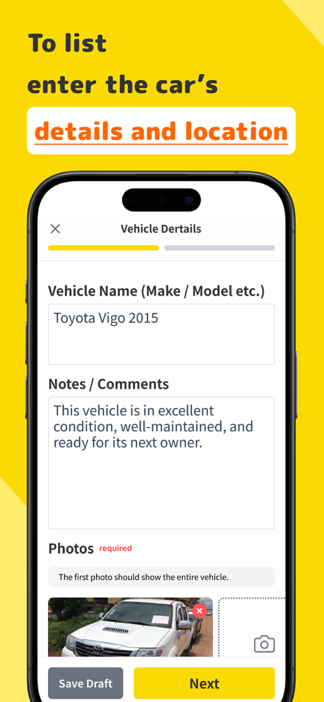 STREMA - Used Vehicle Market - Interface mobile de l'application STREMA montrant le formulaire d'enregistrement des détails du véhicule pour lister une voiture