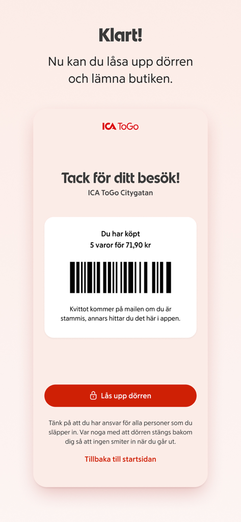 ICA ToGo app screen showing a digital receipt with a barcode and a button to unlock the store door.