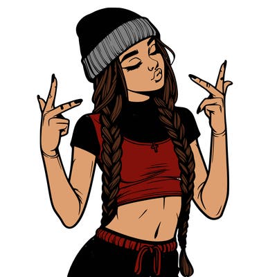 realistic teenage girl with braids and a beanie and crop top doing 🫶🏼