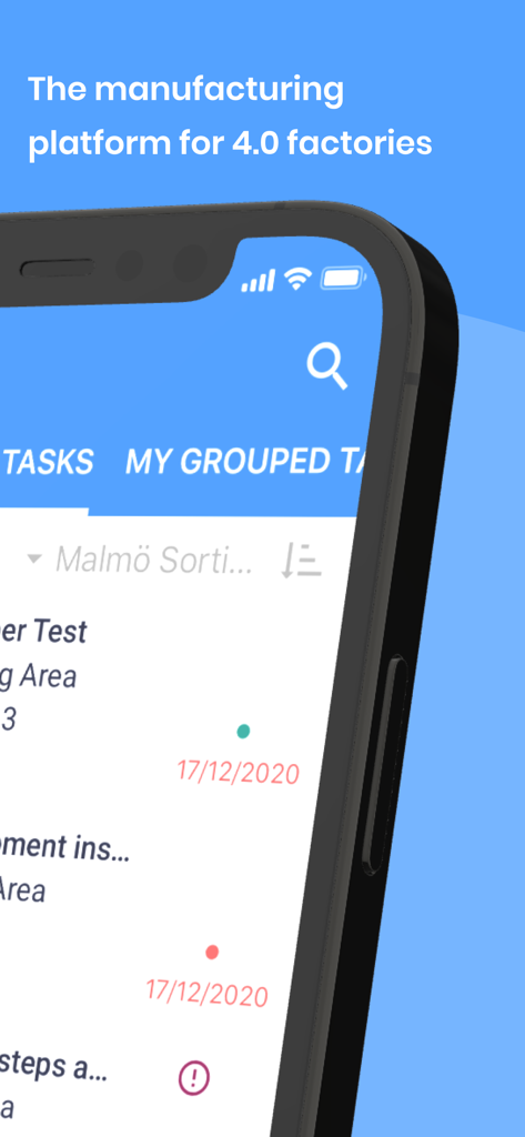 A smartphone displaying the 4Industry for InTune manufacturing platform interface for Industry 4.0 factories