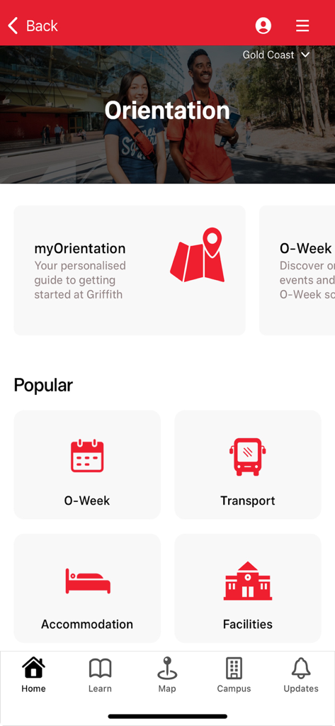 グリフィス大学モバイルアプリのオリエンテーションページ。O-Week、交通、宿泊施設、キャンパス施設へのクイックリンクが特徴です。