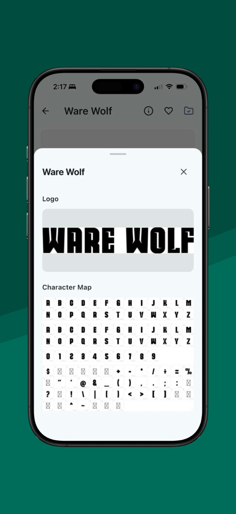 TextKit: Fonts & Status Editor - Interfaz de la aplicación TextKit mostrando una vista previa y un mapa de caracteres para el estilo de fuente Ware Wolf.