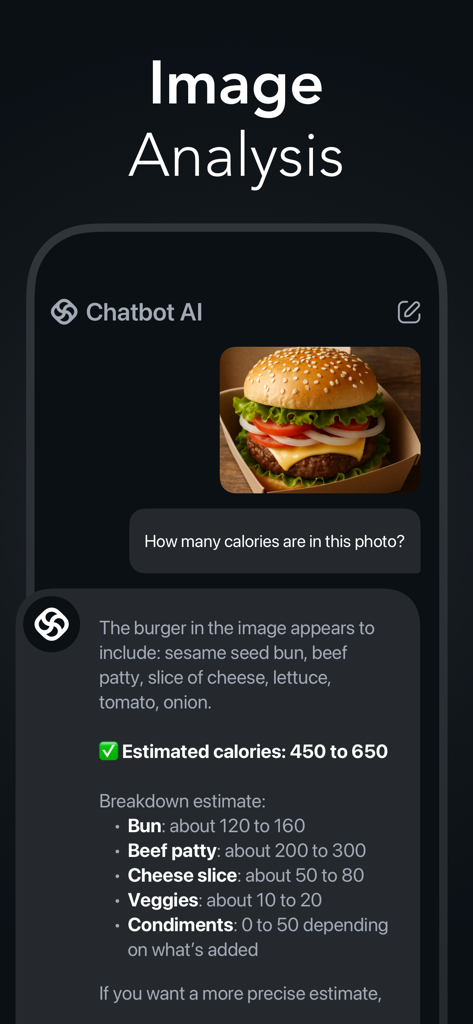 La función IA de Visión analizando una foto de hamburguesa para estimar el contenido calórico y los ingredientes