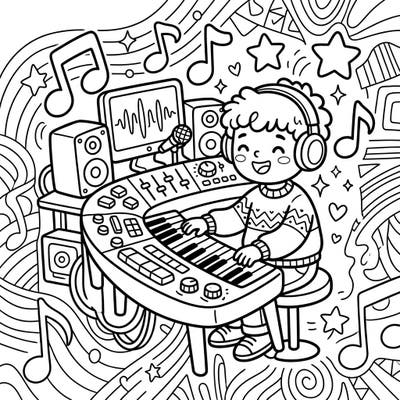 Let your child dive into the world of music with this delightful coloring page featuring a kid playing a keyboard workstation. Designed for young artists aged 4-8, it's packed with musical fun and easy-to-color details.