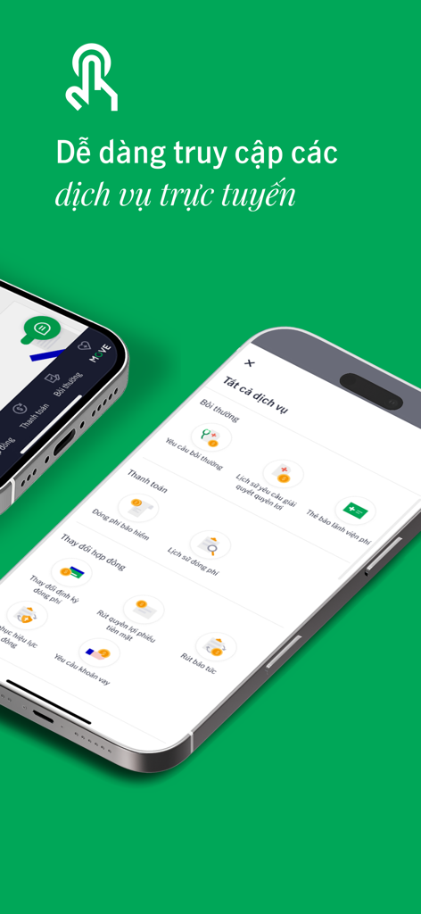 Manulife Vietnam - Écran de smartphone montrant le menu de l'application Manulife Vietnam avec des services d'assurance en ligne tels que les sinistres et les paiements.
