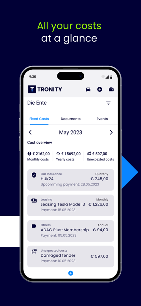 TRONITY - TRONITY-App-Screenshot, der einen Überblick über die Fixkosten eines Elektrofahrzeugs zeigt, einschließlich monatlicher Leasing- und Versicherungsausgaben.