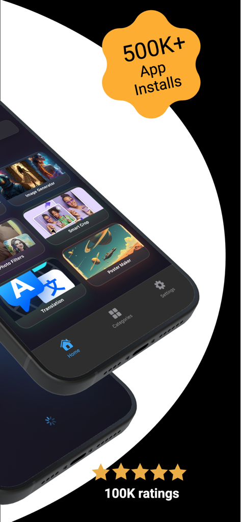 Craiyon AI Mobile - Smartphone screen showing Craiyon AI Mobile app interface with tools like Image Generator and Smart Crop