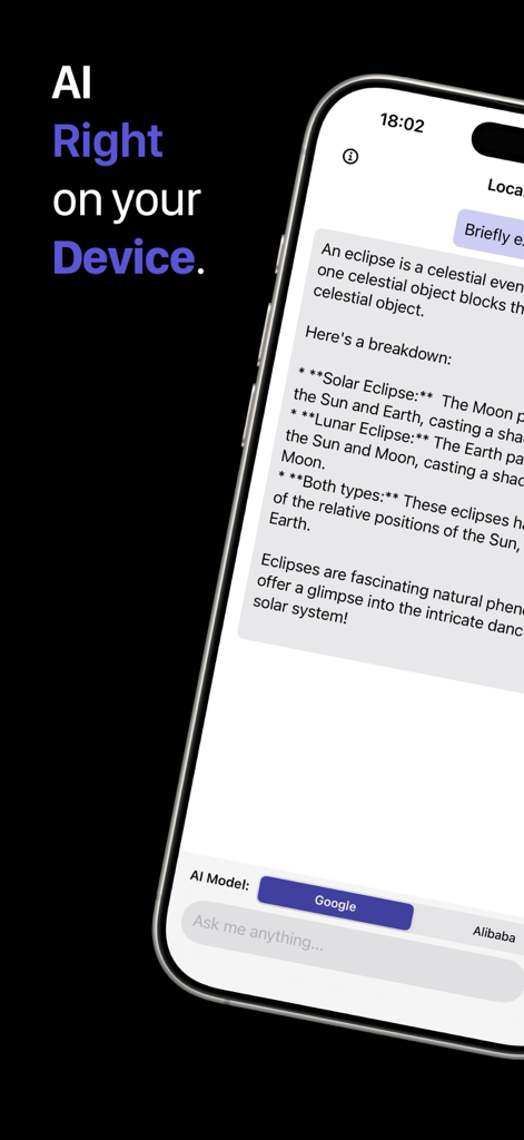 Local A.I. - Local AI mobile app chat interface showing on device processing and multiple AI models