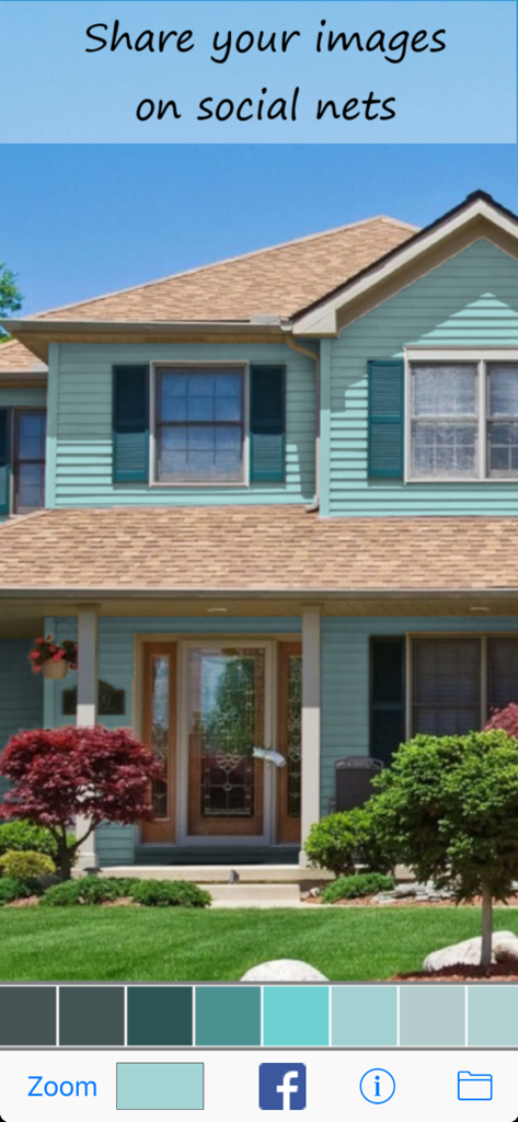 Paint My Wall Pro - Room Paint - A screenshot of the Paint My Wall Pro app showing a house exterior virtually painted in light blue