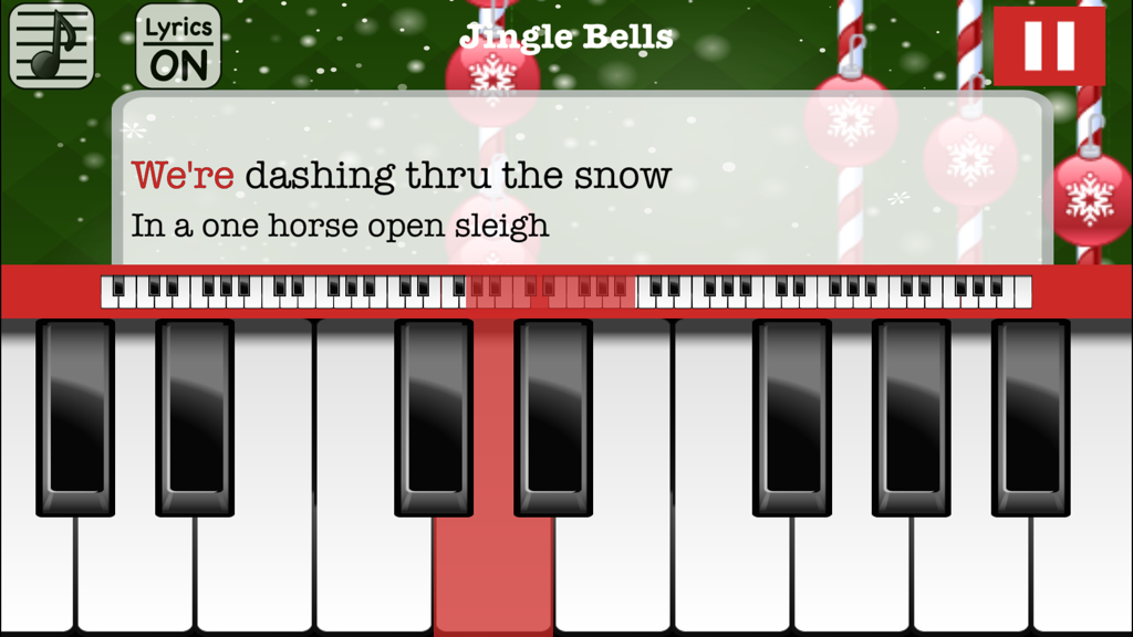 Christmas Piano with Songs - Interface of the Christmas Piano app showing Jingle Bells sing-along lyrics and a highlighted piano key for learning.