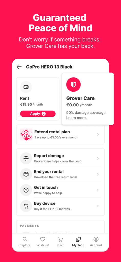 Mobile interface of Grover app highlighting Grover Care damage protection for rented tech