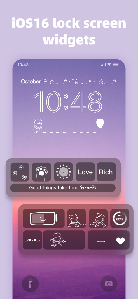 iPhone lock screen with custom aesthetic widgets and cute icons