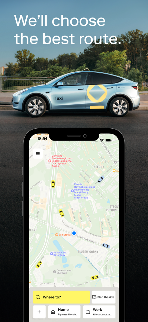 iTaxi - The Taxi App - Interfaz de la app iTaxi que muestra un mapa de Varsovia y un coche eléctrico de taxi de la marca.