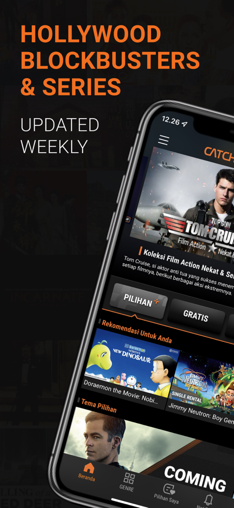 Interfaccia dell'app mobile CATCHPLAY+ con blockbuster e serie di Hollywood aggiornati settimanalmente